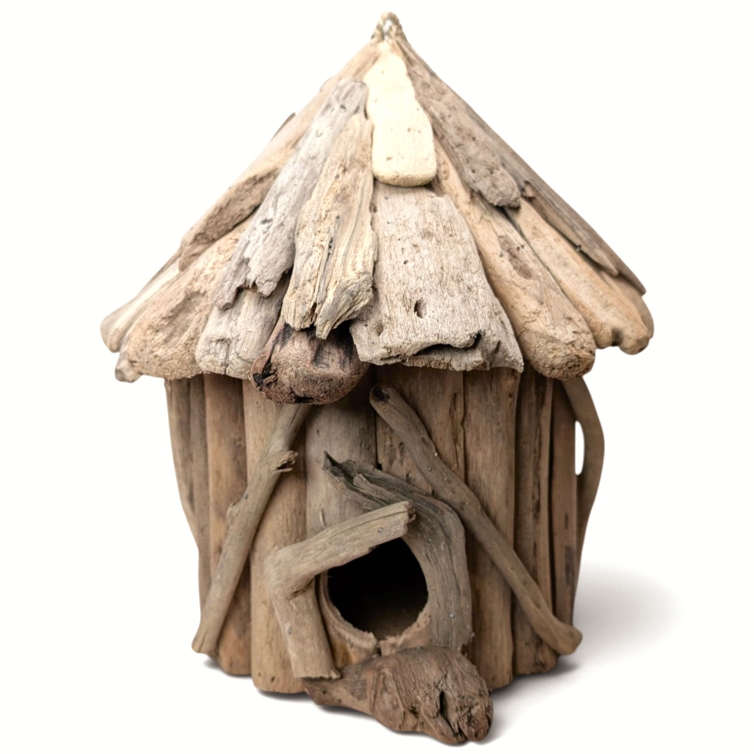 Artisan-crafted driftwood birdhouse with a twisted hanging loop