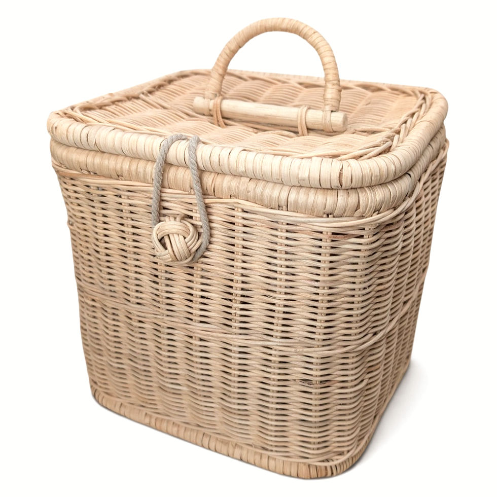 Handwoven rectangular rattan waste bin with a hinged lid