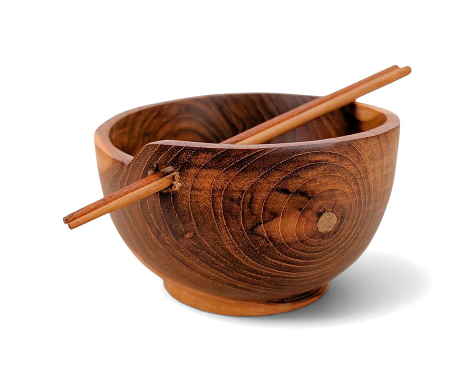 Thumbnail: A round wooden bowl sitting alone against a solid white backdrop.
