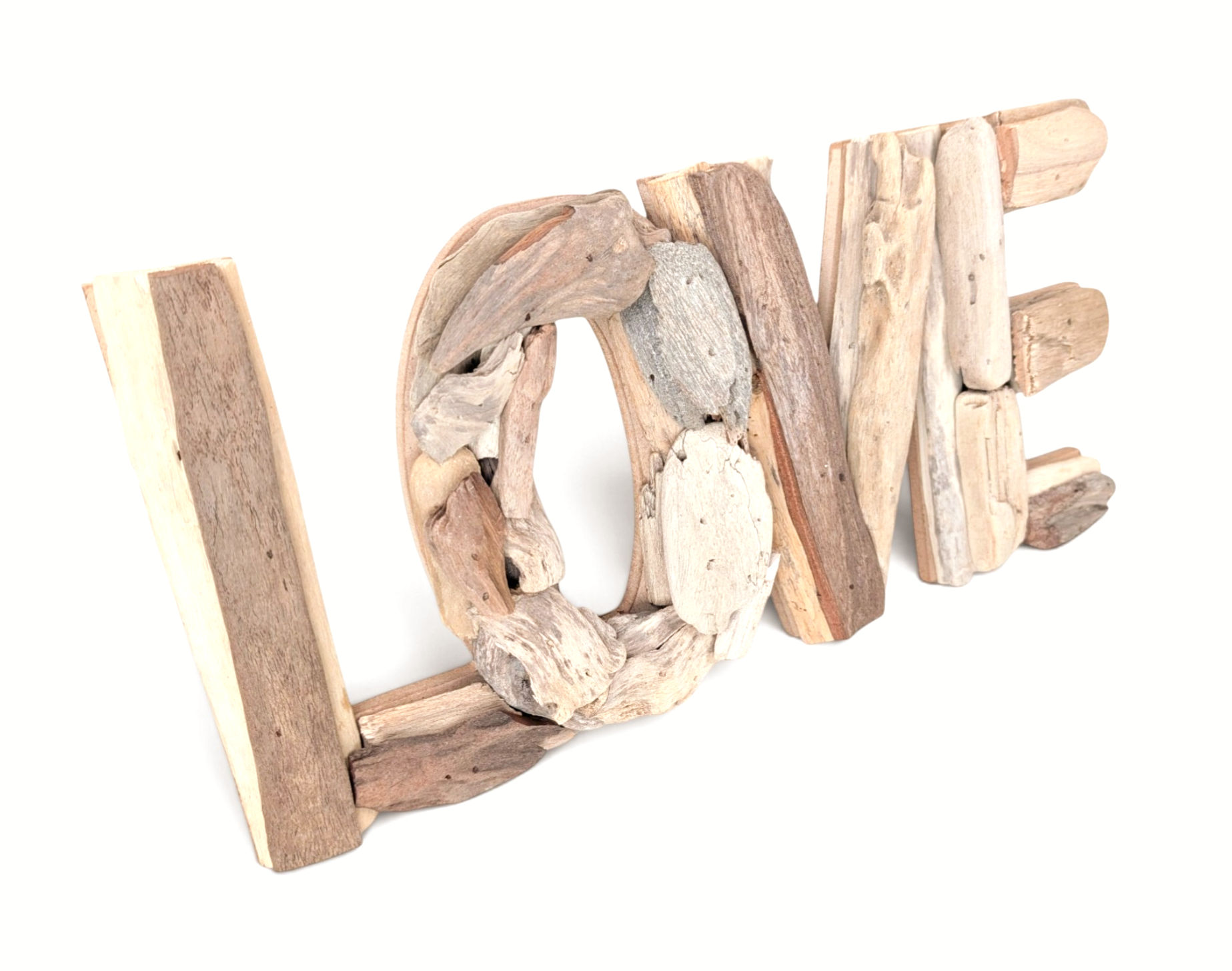 Artisan-made driftwood wall sign spelling the word LOVE