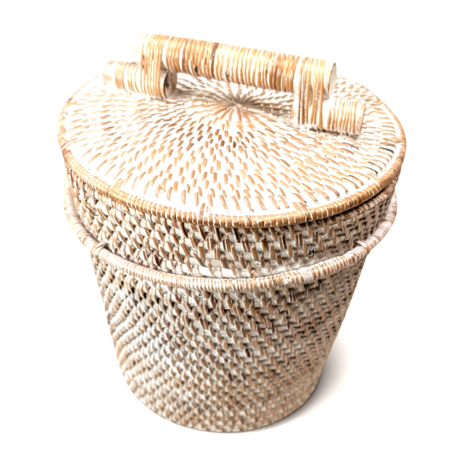 Whitewashed woven wastebasket featuring a raised wrapped handle