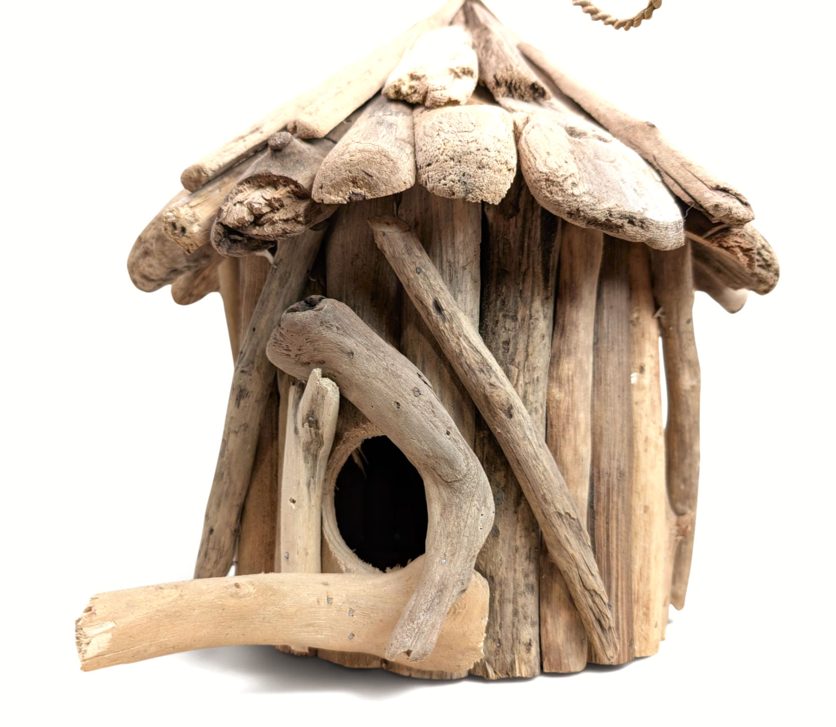 Artisan-crafted driftwood birdhouse with a twisted hanging loop