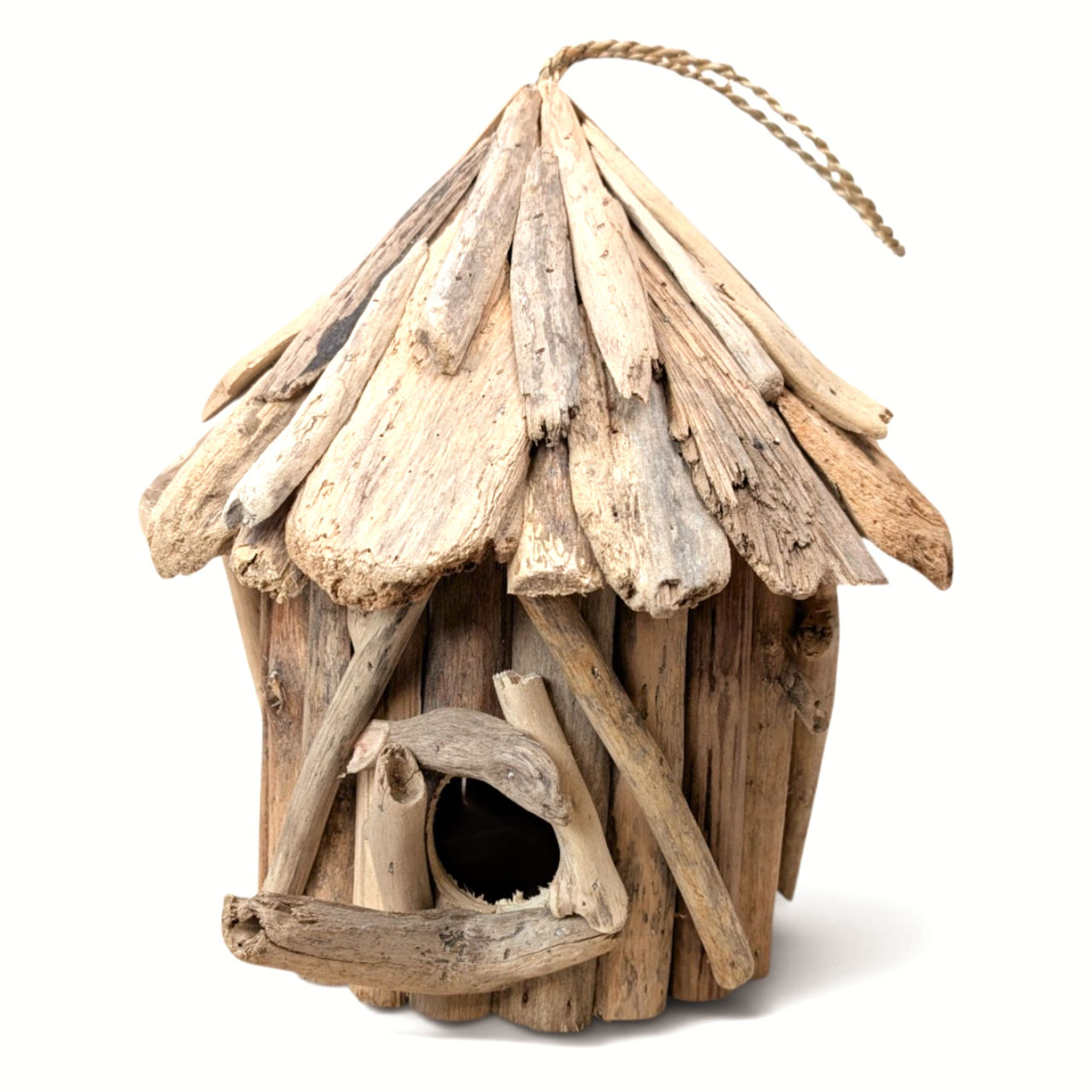 Artisan-crafted driftwood birdhouse with a twisted hanging loop