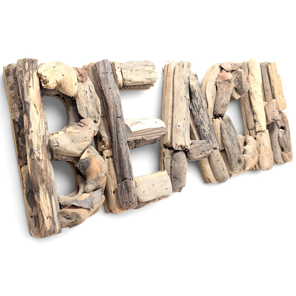 Thumbnail: Front view of dimensional BEACH lettering made from weathered wood