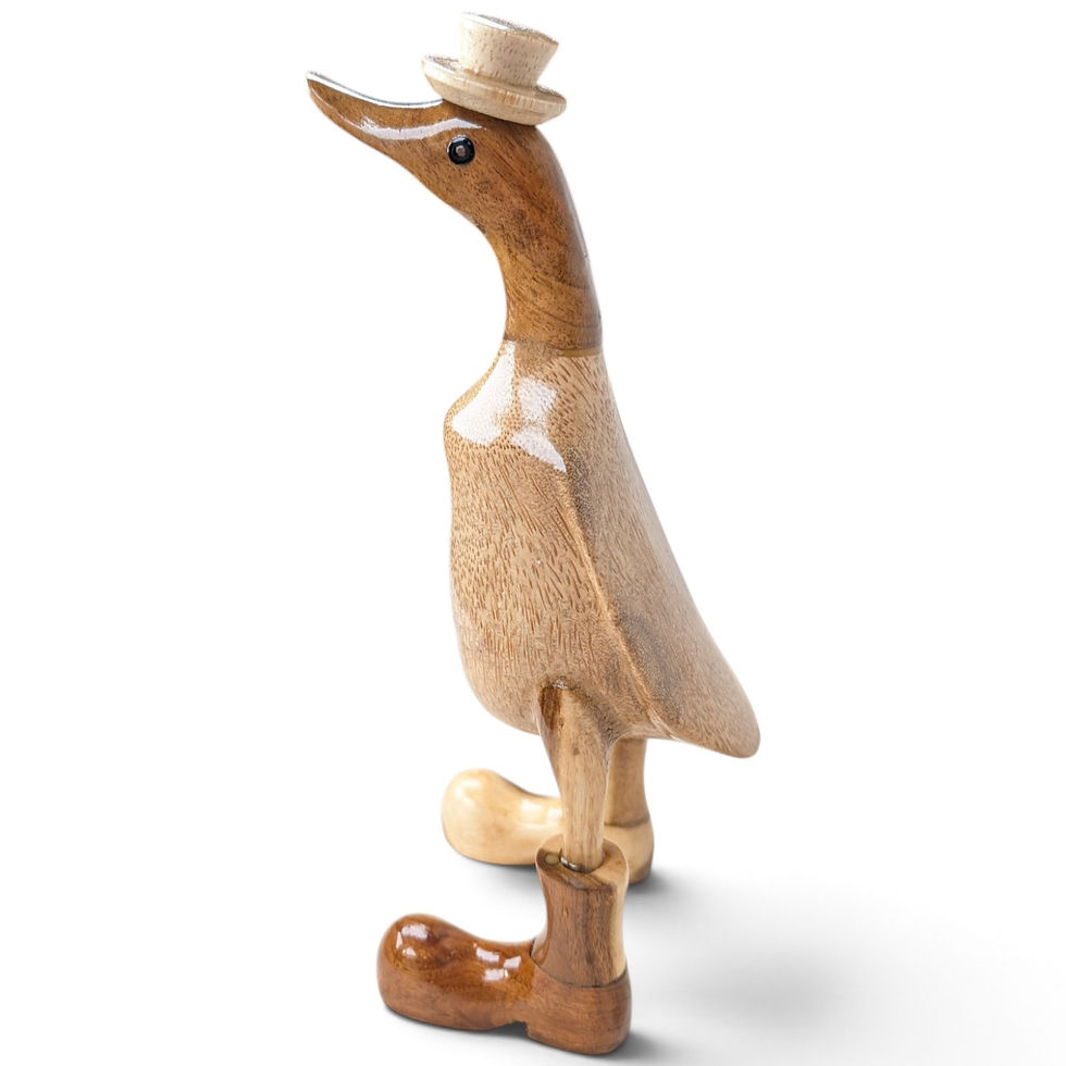 Thumbnail: Side view of the wooden duck showing its curved beak and tall silhouette