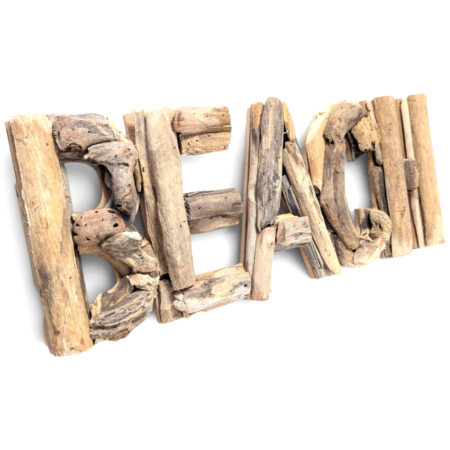 Artisan-crafted driftwood wall sign spelling the word BEACH