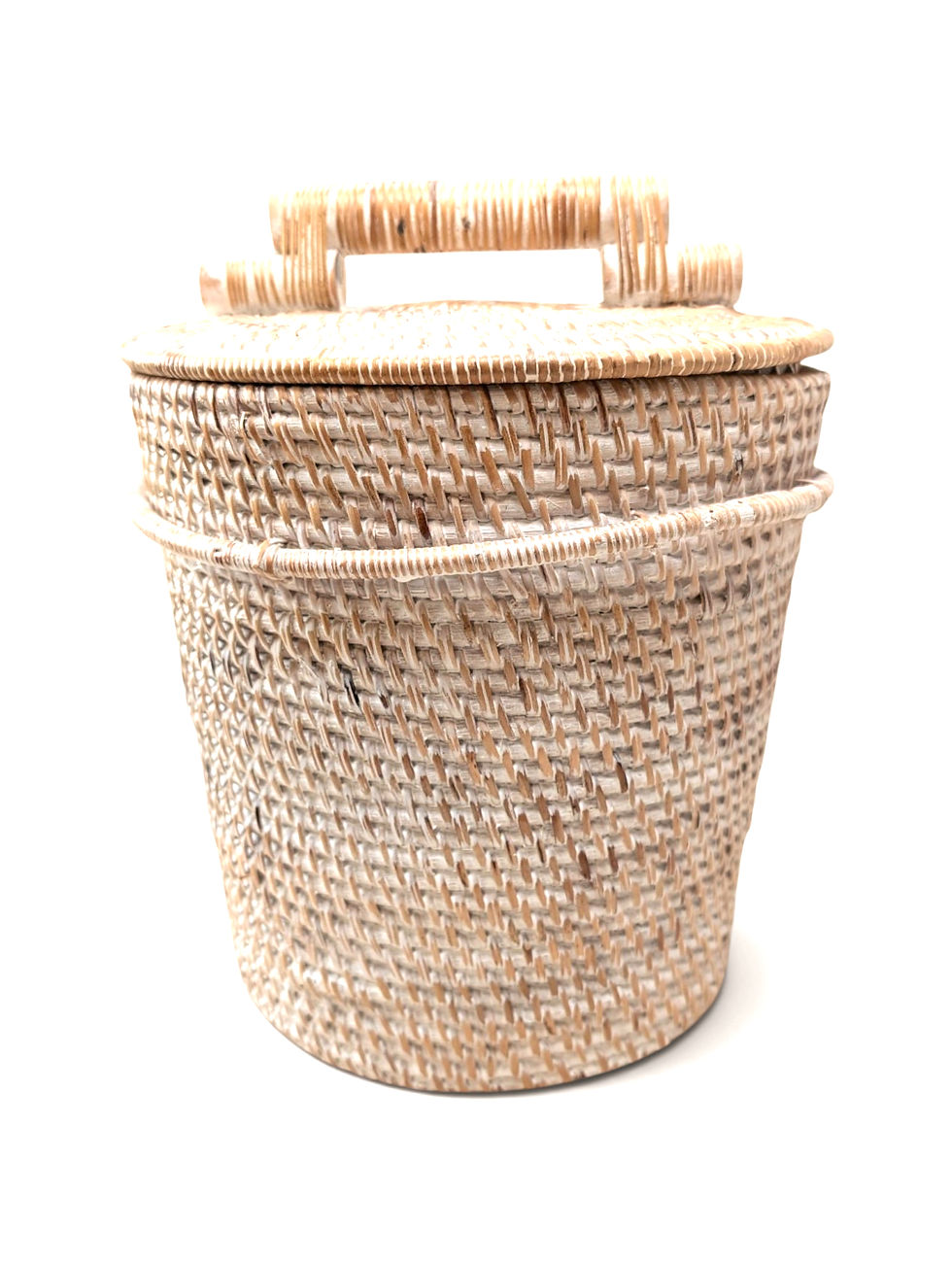 Thumbnail: Artisan-crafted rattan waste bin with a whitewashed woven finish
