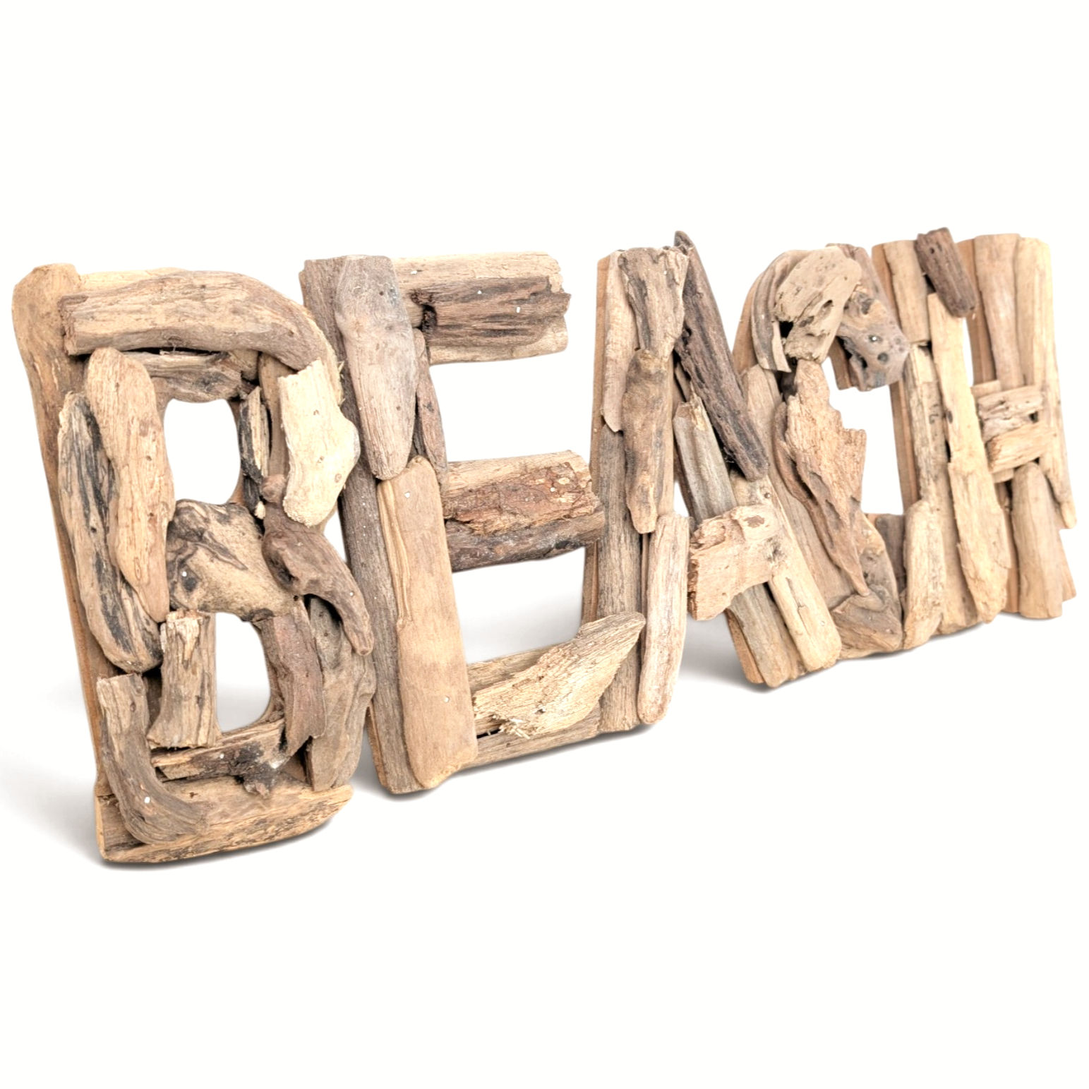 Joined driftwood wall sign spelling the word BEACH