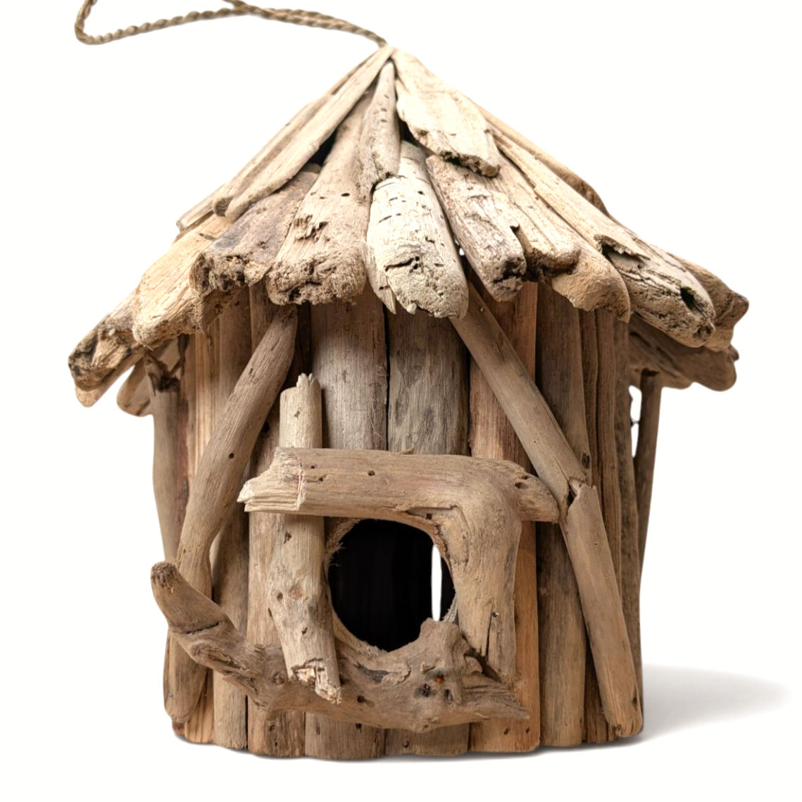 Artisan-crafted driftwood birdhouse with a twisted hanging loop