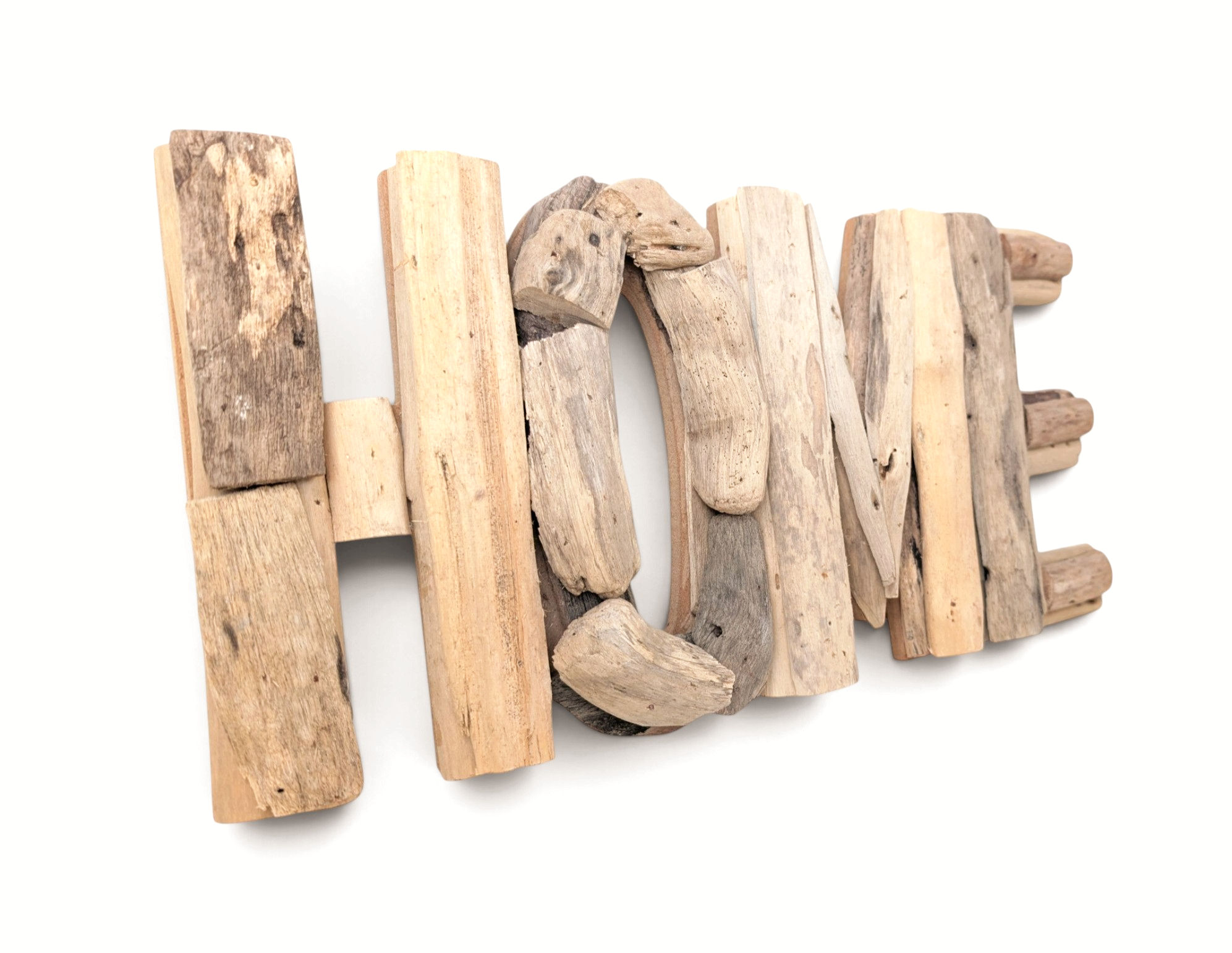 Artisan-made driftwood wall sign spelling the word HOME
