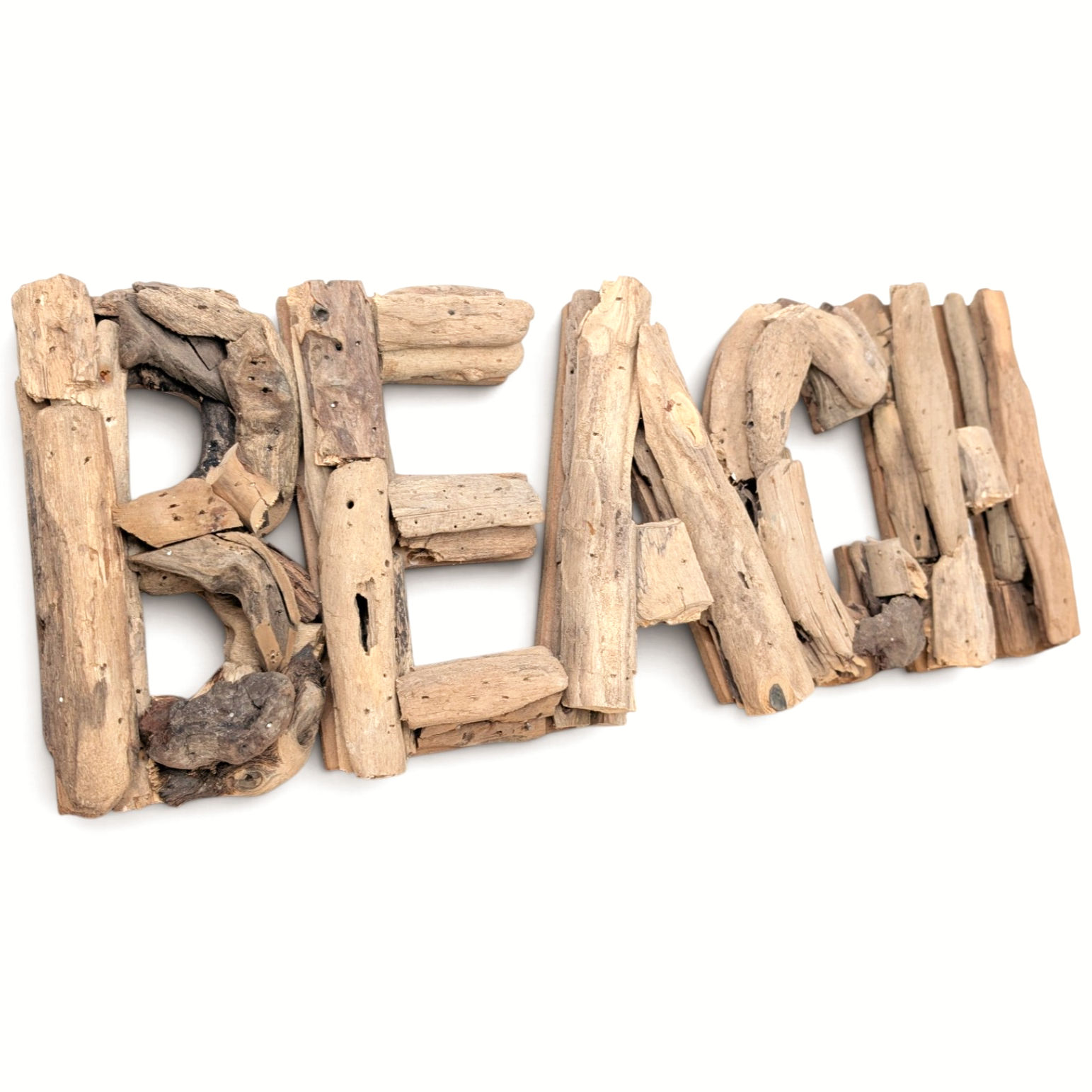 Joined driftwood wall sign spelling the word BEACH