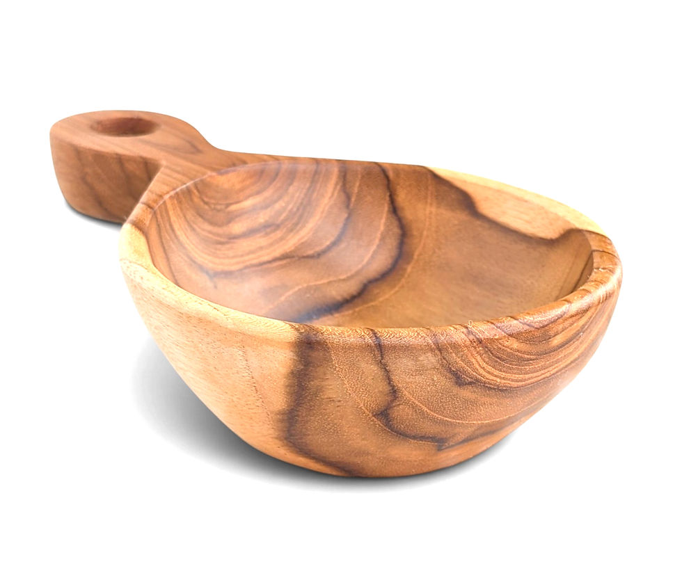 Thumbnail: Solid teak condiment bowl carved with a broad integrated handle