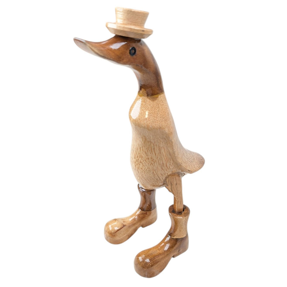 Thumbnail: Front view of a polished teakwood duck figurine with an elongated neck