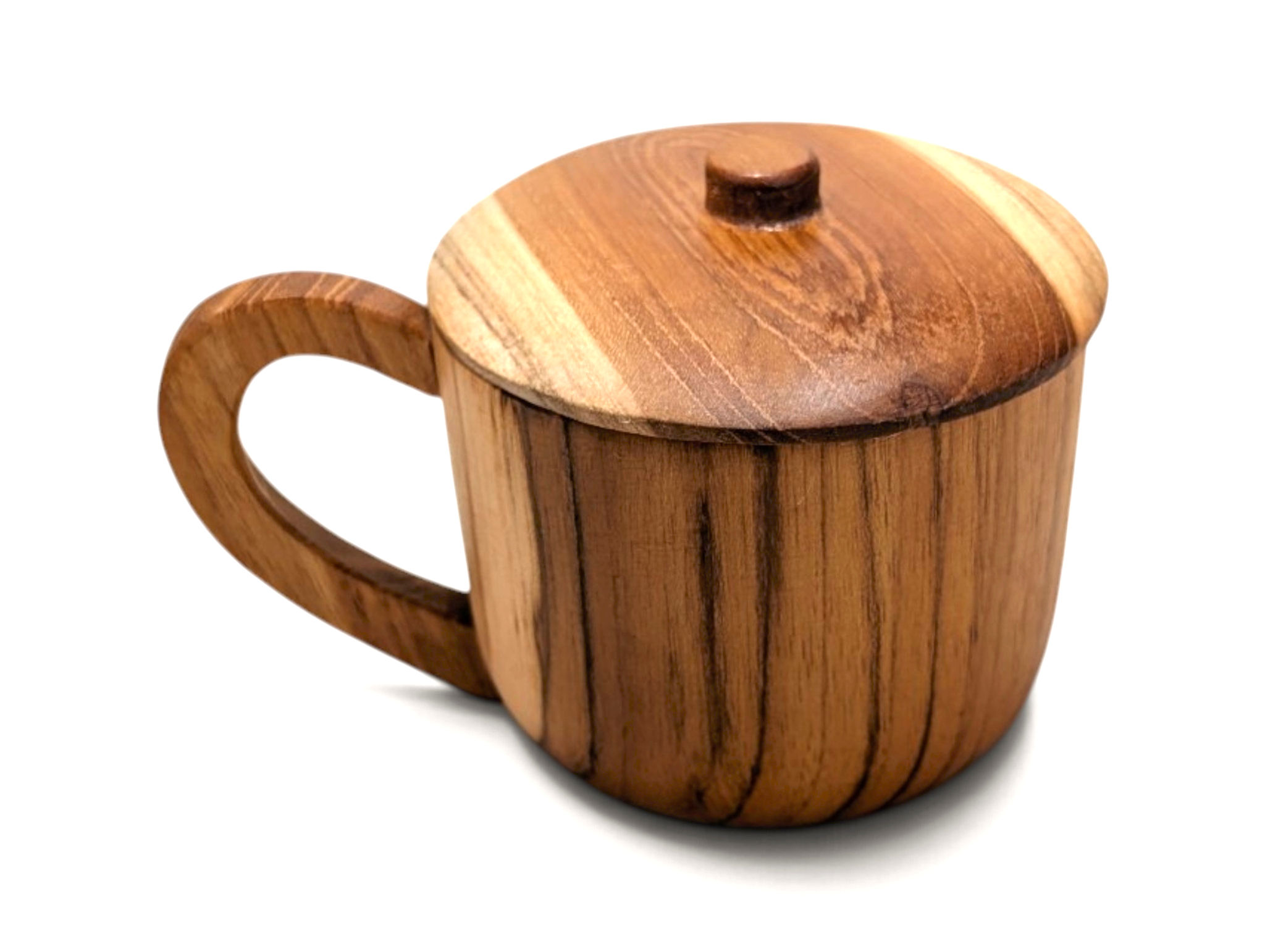 Teakwood mug displaying natural coloring and grain variations