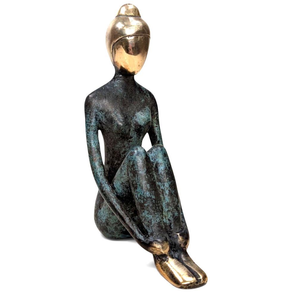 Contemplative seated woman figurine with raised knees and extended arms