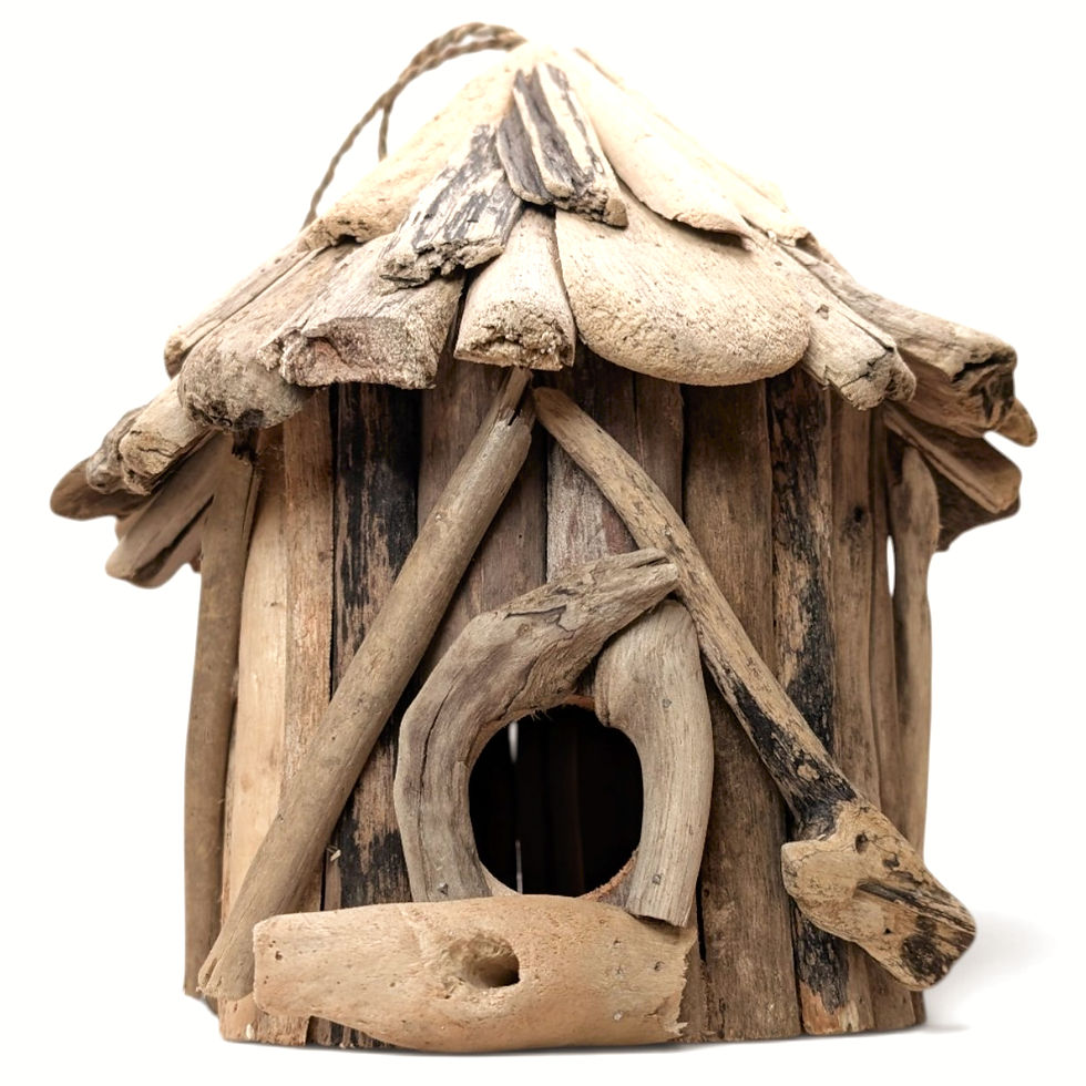 Front view of a rustic wooden birdhouse with a round entrance