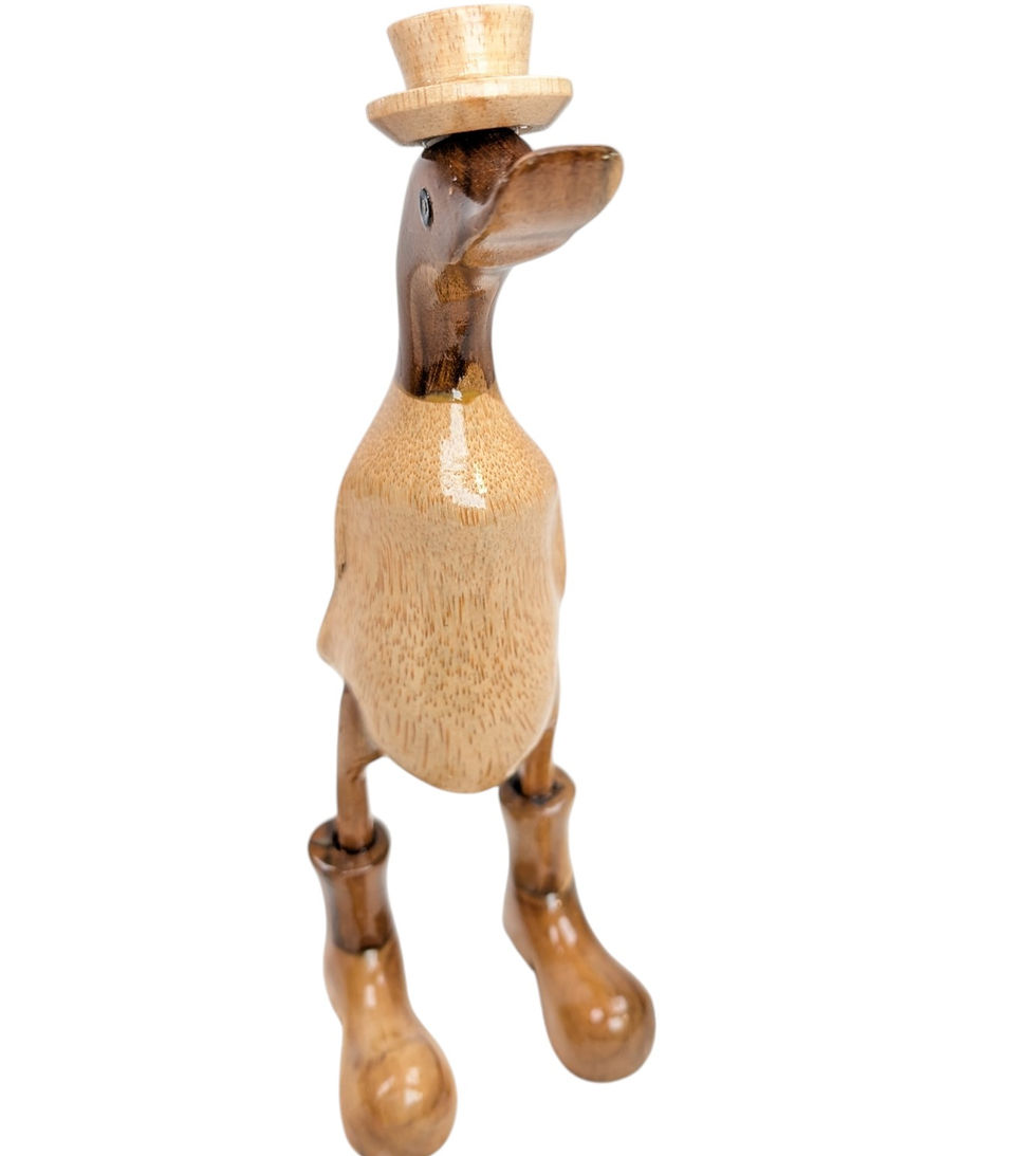 Thumbnail: Rear three-quarter view of a polished teak duck figurine wearing a carved top hat and boots