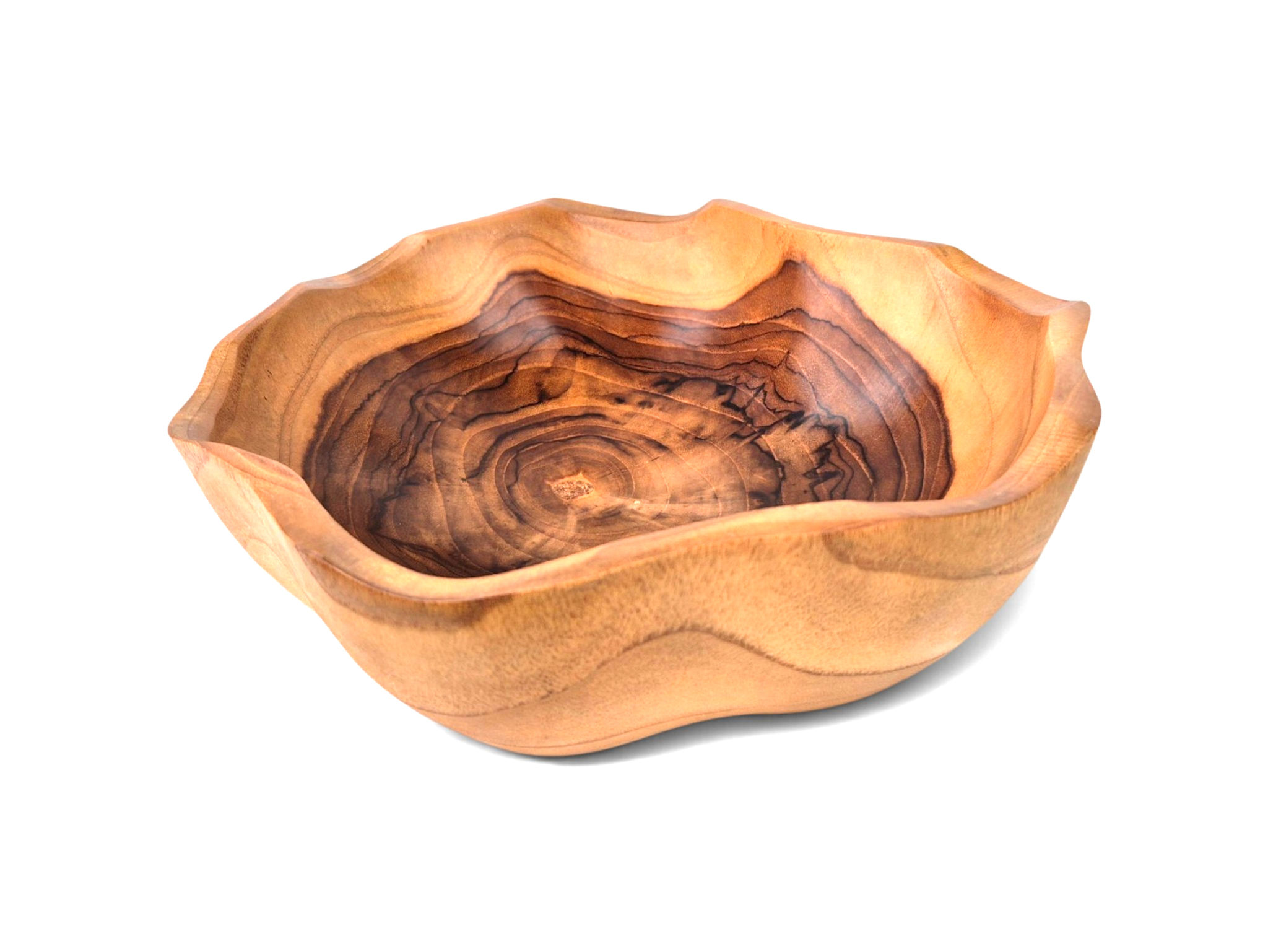 Front view of a hand-carved teakwood bowl with a pronounced wavy edge