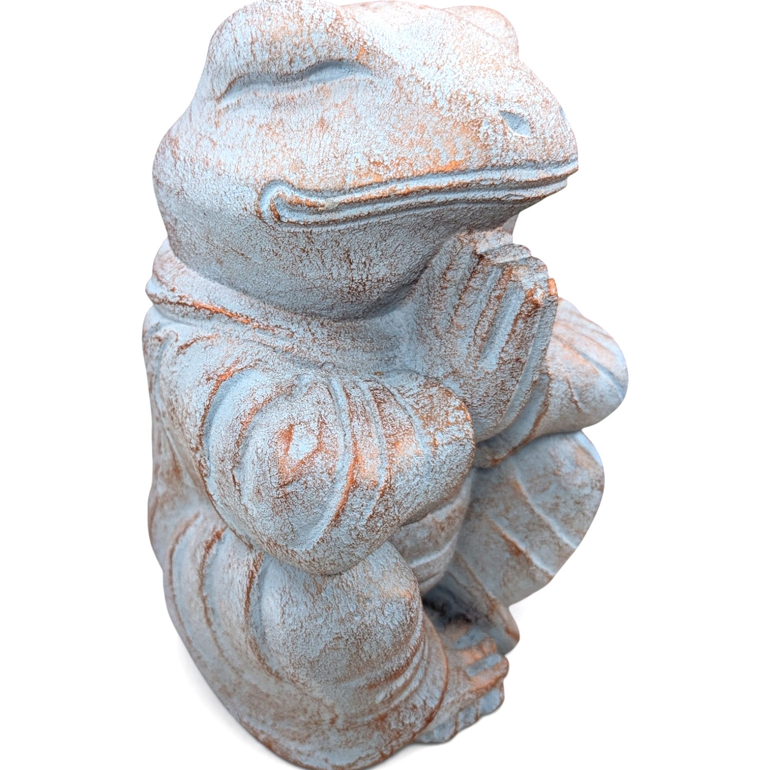 meditation praying frog statue distressed blue with copper accents