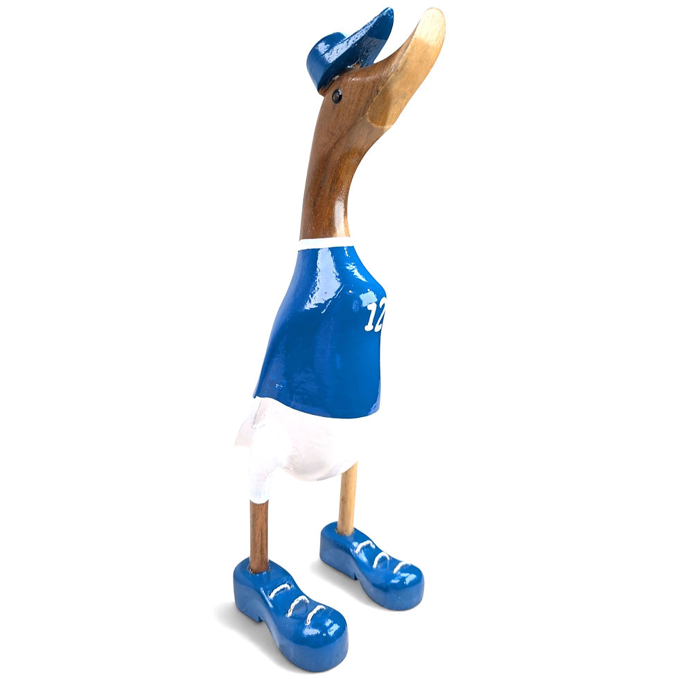 Thumbnail: Carved teak duck displaying natural wood grain along its neck and legs