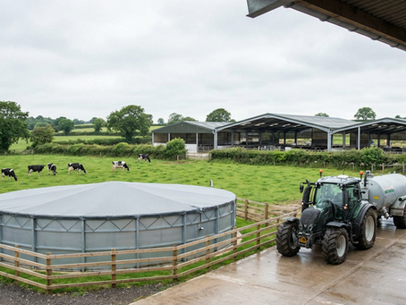 Modern UK dairy farm with a covered circular slurry tank in the foreground, a tidy yard with a parked slurry tractor and tanker, Holstein cows grazing in a green field, and steel-framed cattle sheds under a bright, slightly cloudy sky