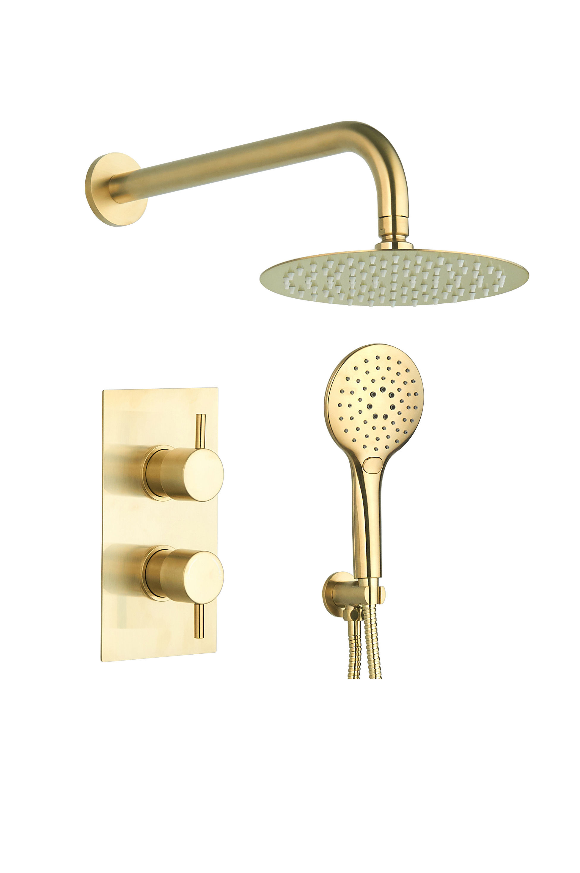 3 Step Brushed Brass Round Concealed Thermostatic 2 Handle 2 Way Shower Kit