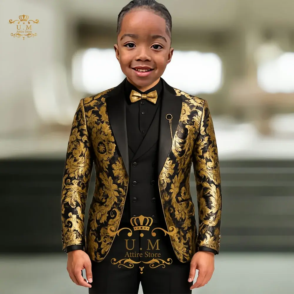 Luxury Jacquard Boys Suit 3pcs Set Black Gold Blazer Waistcoat Pants Tailored