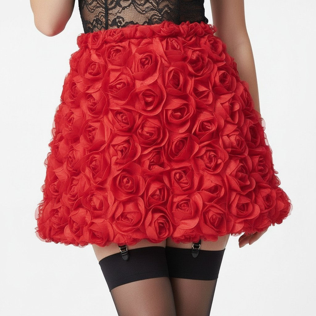 Red 3D Rose Textured Mini Skirt