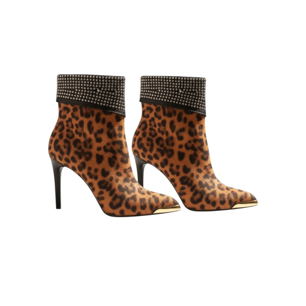 Leopard Print Stiletto Ankle Boots with Studded Cuff