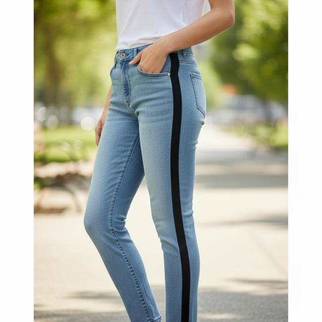 Thumbnail: Women's Light Blue Skinny Jeans with Black Stripe