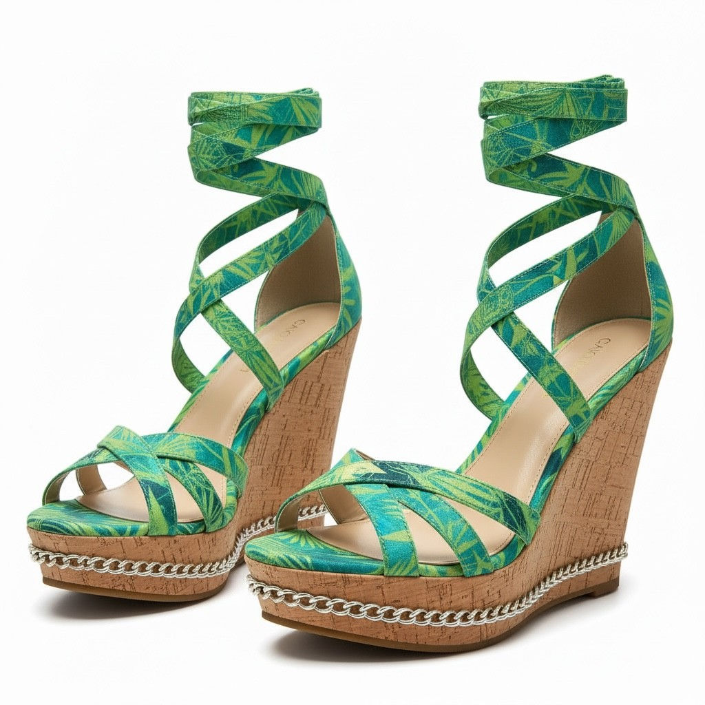 Green Tropical Wedge Sandals