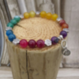Rainbow colours stretchy bracelet with silver plated yin and yang charm