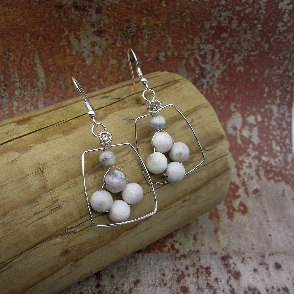 Thumbnail: Unique design earrings with silver plated wire rectangle frames and four round beads of skye marble. Silver plated ear wires.