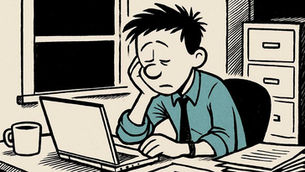 A fatigued professional sitting at a cluttered desk late at night, showing signs of workplace stress and burnout.