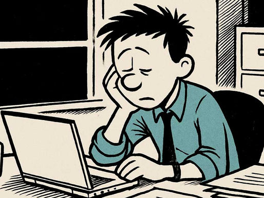 A fatigued professional sitting at a cluttered desk late at night, showing signs of workplace stress and burnout.