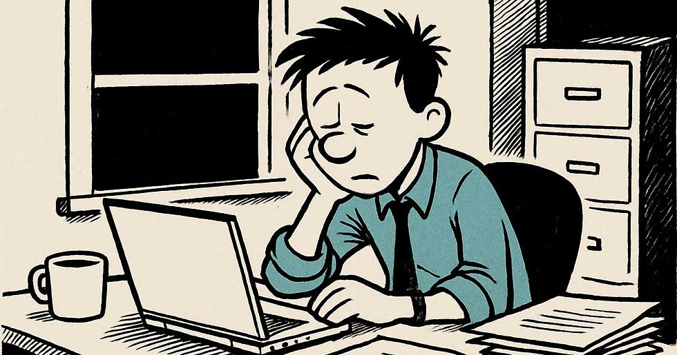 A fatigued professional sitting at a cluttered desk late at night, showing signs of workplace stress and burnout.