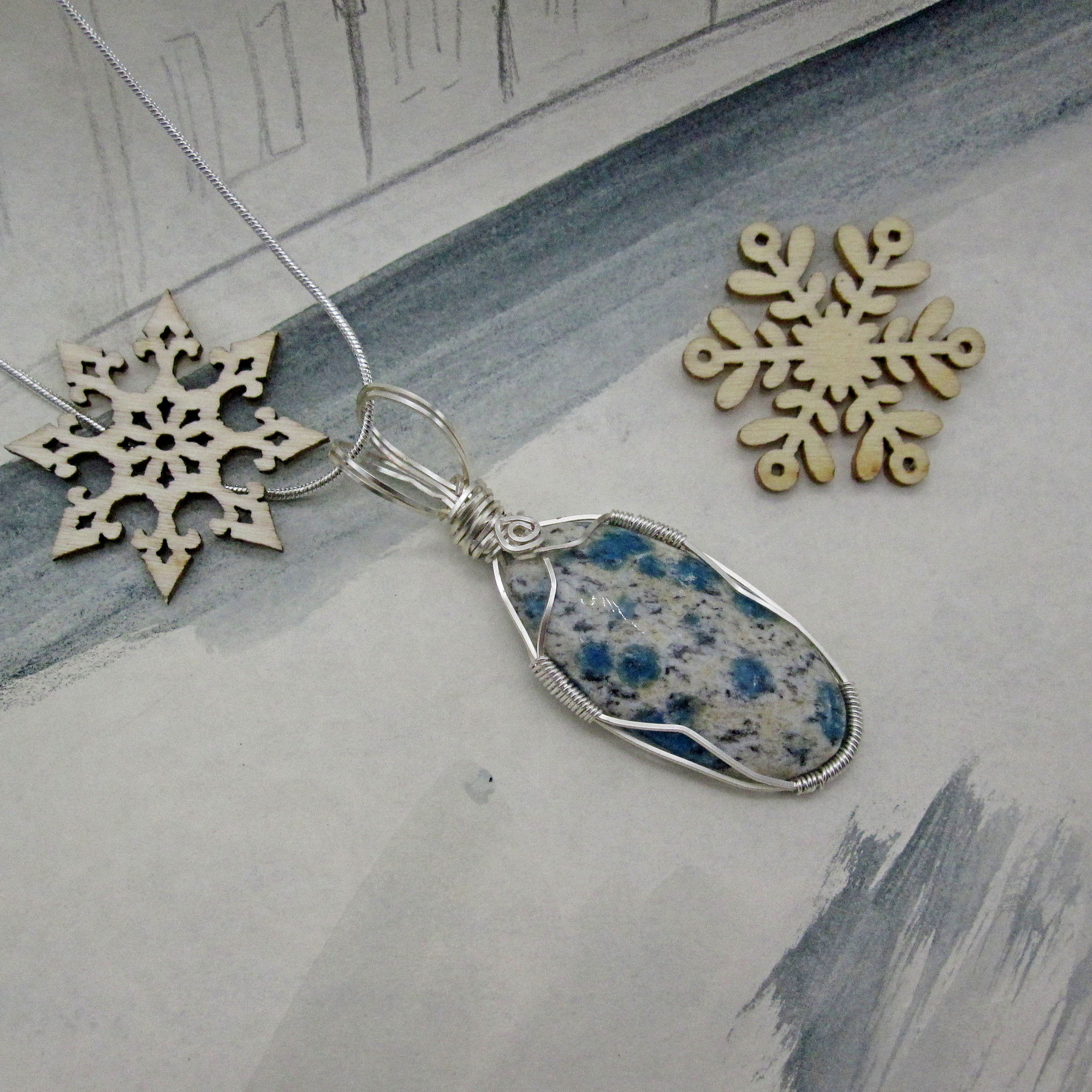 Blue Speckled Gemstone Pendant, Silver Plated, Gift Boxed