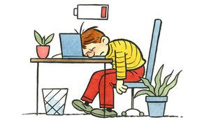 Illustration of an exhausted office worker with a low battery icon, symbolising burnout in the workplace