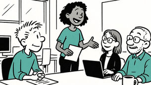 Male colleague actively listening and supporting female team leader during a meeting in a modern office