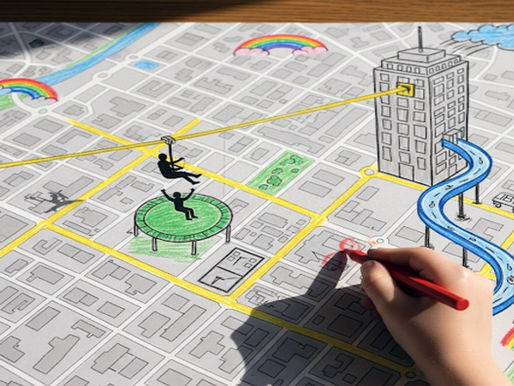 A child's hand drawing imaginative ways to travel on a city map, like a zip line and a trampoline, illustrating how to think like a child.