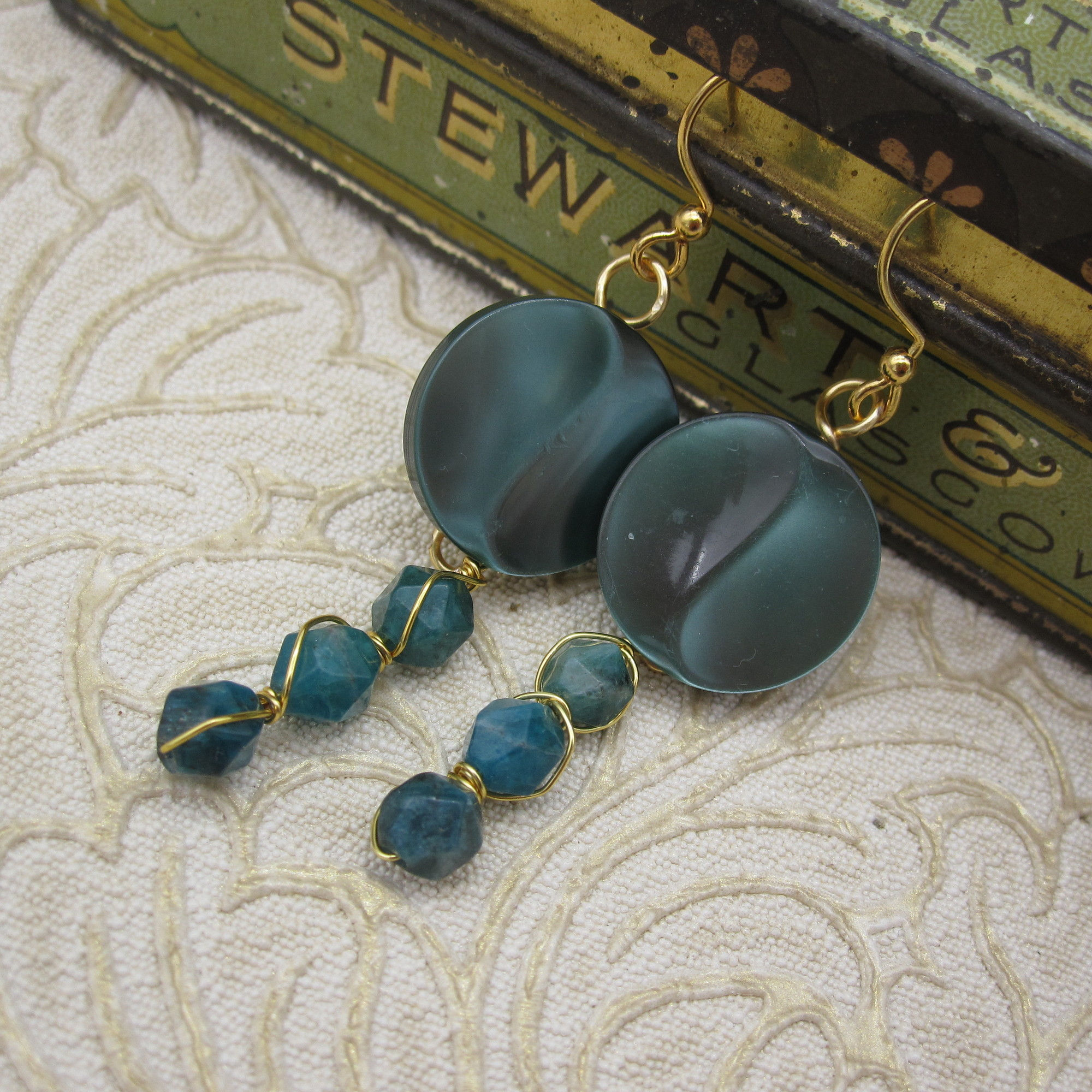 Sea-Green Apatite and Vintage Button, Earrings, Gold Plated