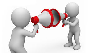 One figure appears to be shouting into the megaphone, while the other seems to be listening directly through theirs.
