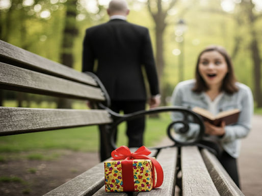 A person walking away after leaving a small gift on a park bench, while another person discovers it with surprise and joy.