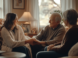 Elderly man and woman sharing a compassionate and joyful moment with a younger woman,
