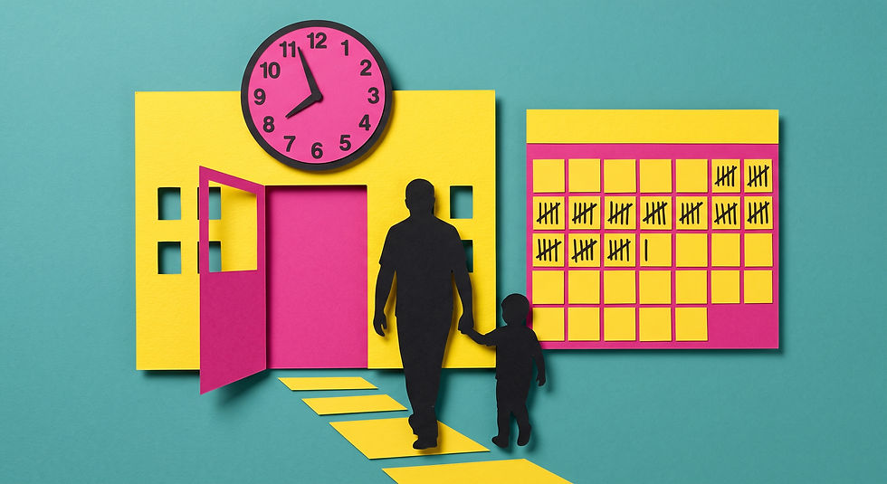Paper-cut illustration of an adult and child walking into a bright pink-yellow building under a clock, beside a tally-mark calendar.