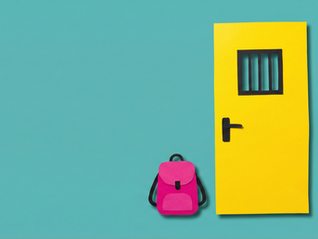 Yellow door with black handle and bars on teal background. Pink backpack on the floor next to the door. Minimalist, colorful scene.