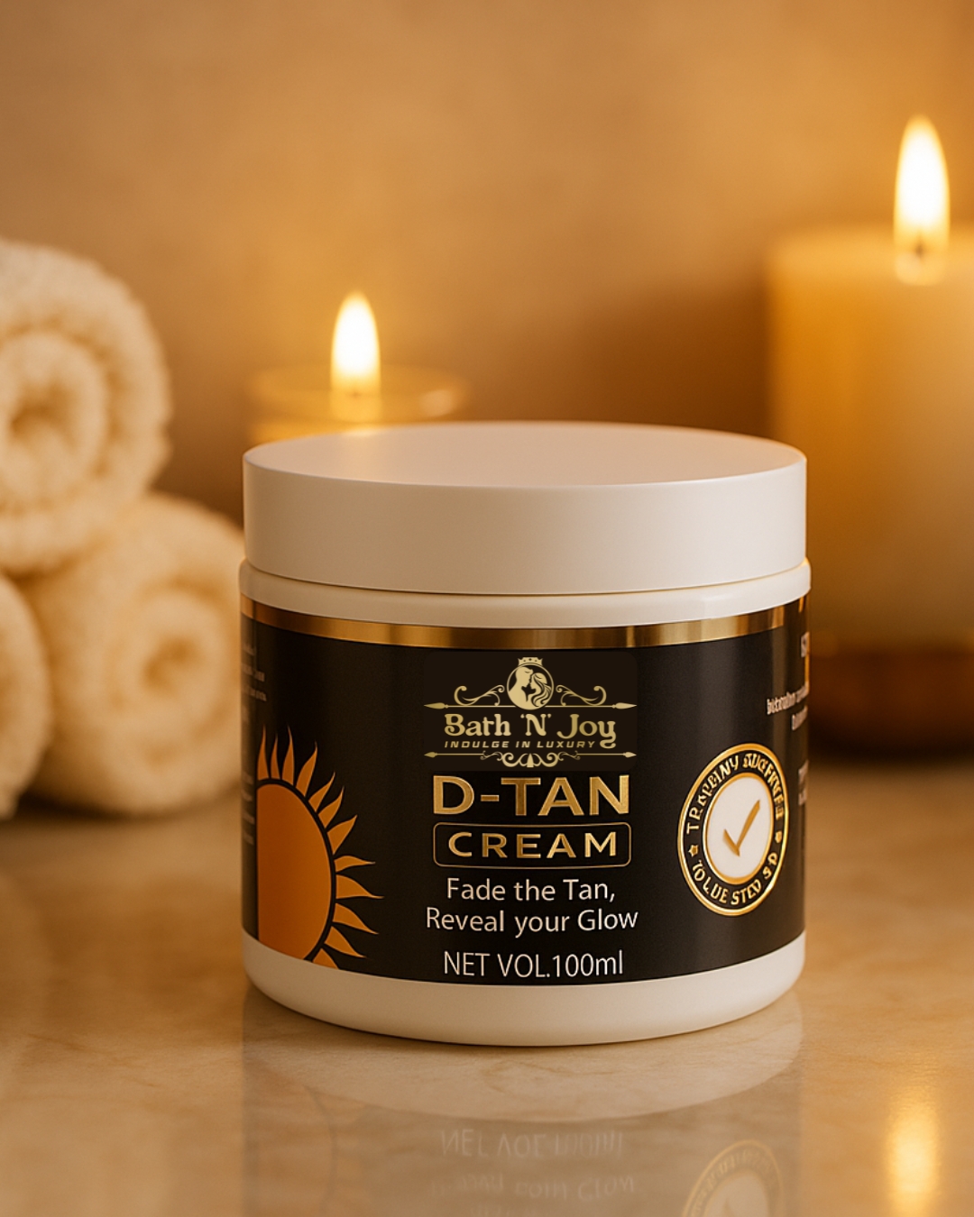 "Fade Away the Tan, Reveal Your Glow – Bath ’N’ Joy D-Tan Cream gives you salon-like brightness, naturally!" 