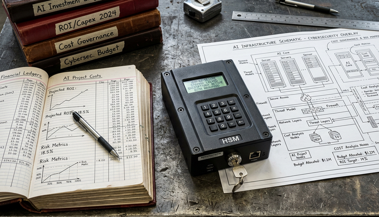 Overhead view of stacked budget ledgers beside a locked hardware security module.