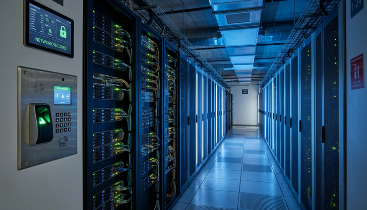 Wide-angle view of an illuminated data center corridor with secure server racks.