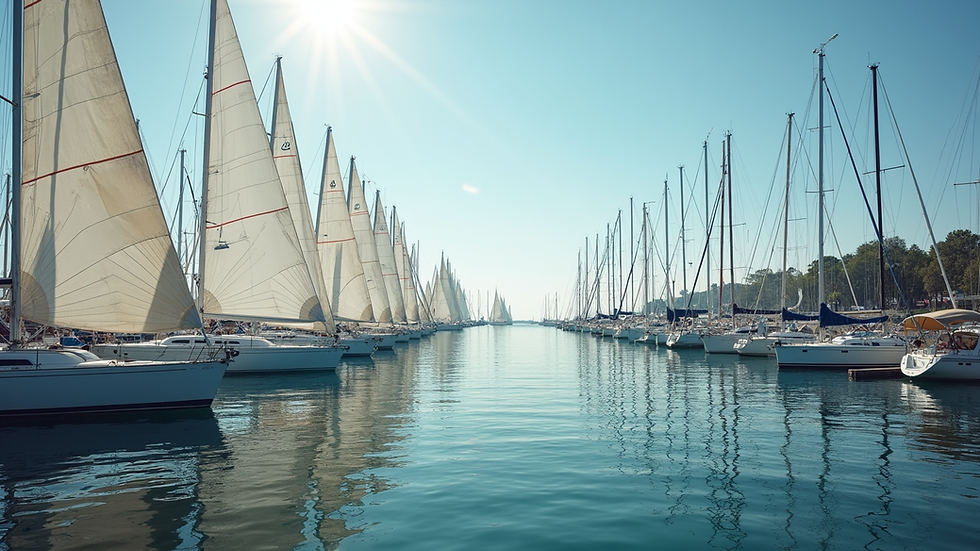 Wide angle view of sailboats gathered at harbor before race start